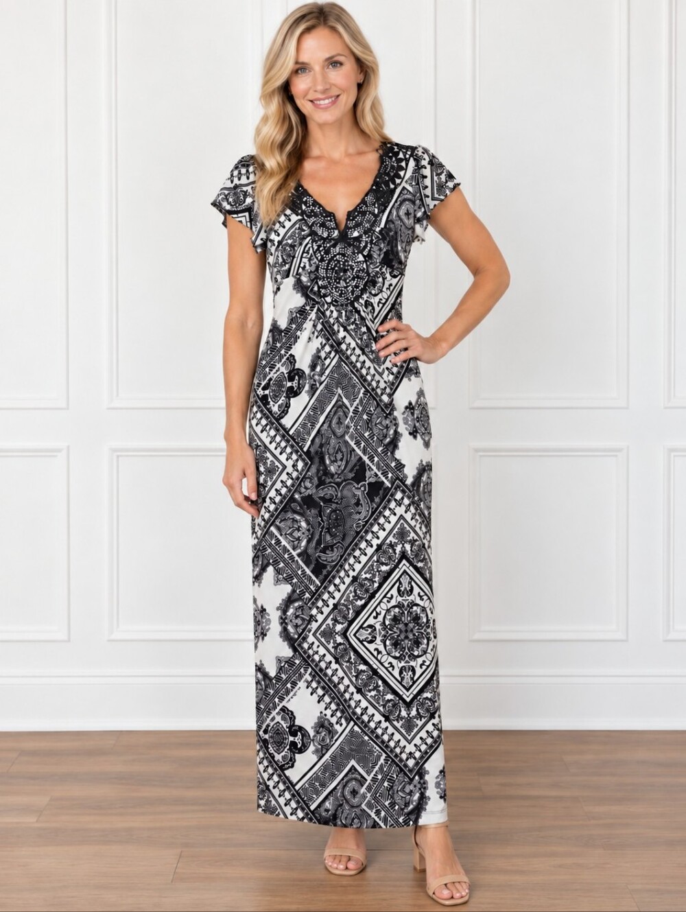 Style & Co Short Sleeve Beaded Bohemian Maxi Dress Black White NWT Size PP